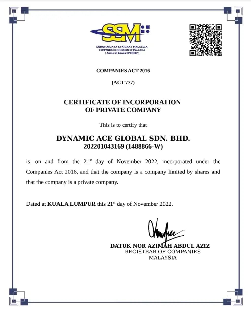 Certificat d'incorporation en Malaisie