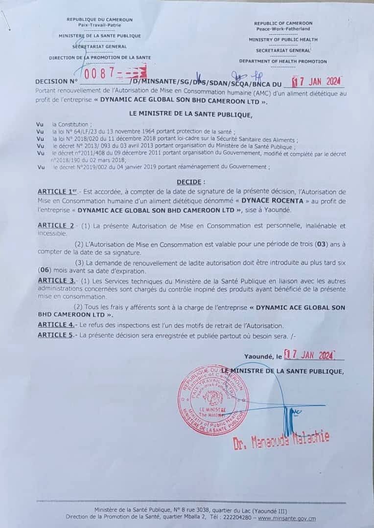 Autorisation signée par le MINSANTE du Cameroun
